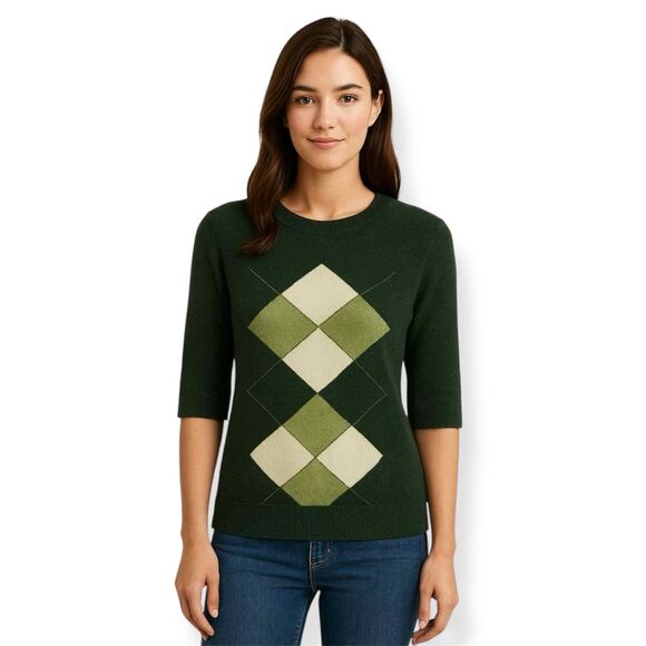Isaac Mizrahi Wool Blend Argyle Green 3/4 Sleeve Sweater - Picture 1 of 5